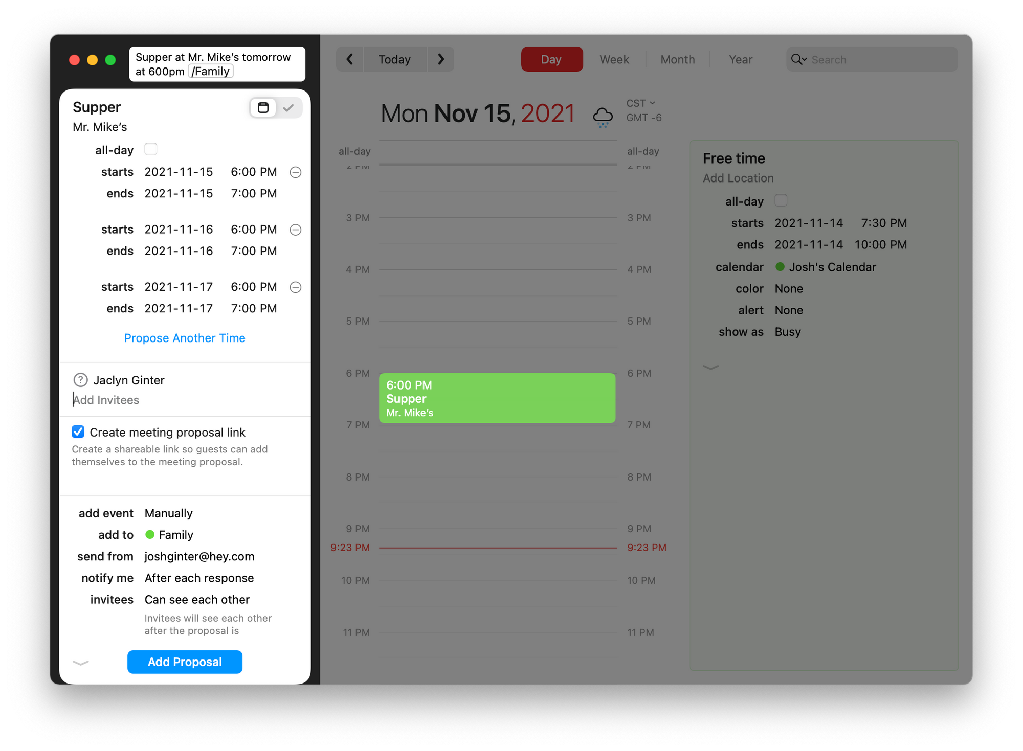 The entire event creation can be completed via keyboard and natural language typing rather than clicking and tapping event metadata options.